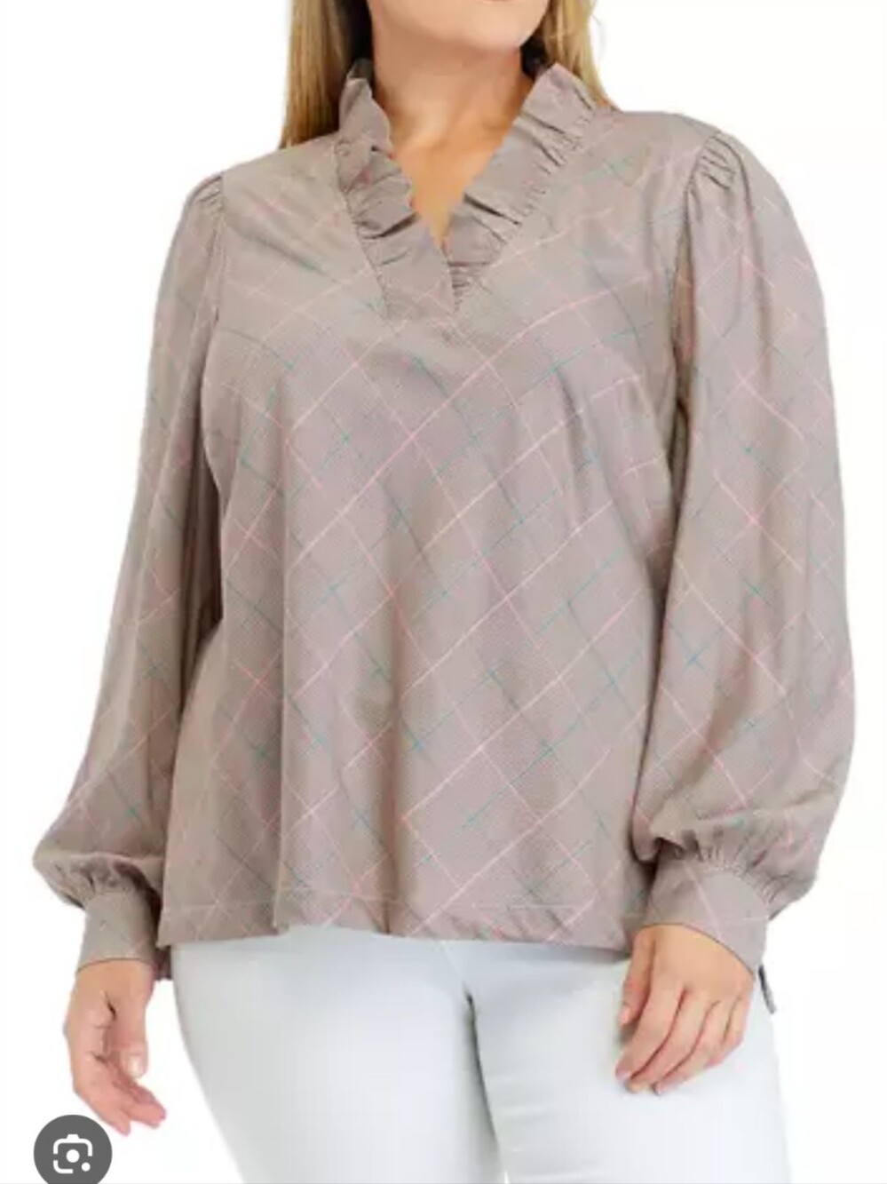 Crown & Ivy Shirt Womens 1X Tan Plaid Ruffle Split Neck Tunic Long Sleeve